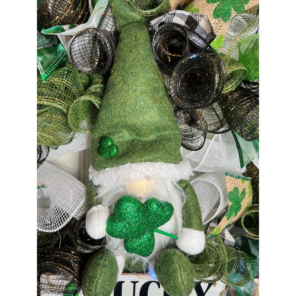 Handmade St. Patrick’s Day Lucky and Gnome it Ribbon Prelit Wreath 22 in LED W15 - Picture 5 of 12